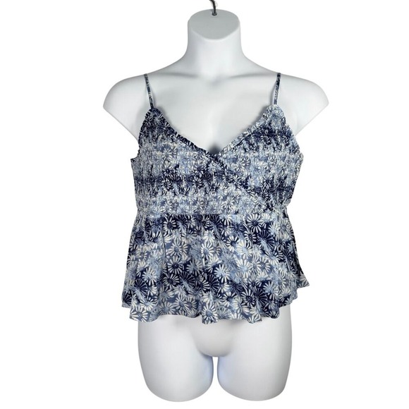 American Eagle Outfitters Tops - American Eagle Outfitters Tank Top XXL Blue Tropical Print Smocked Cropped
